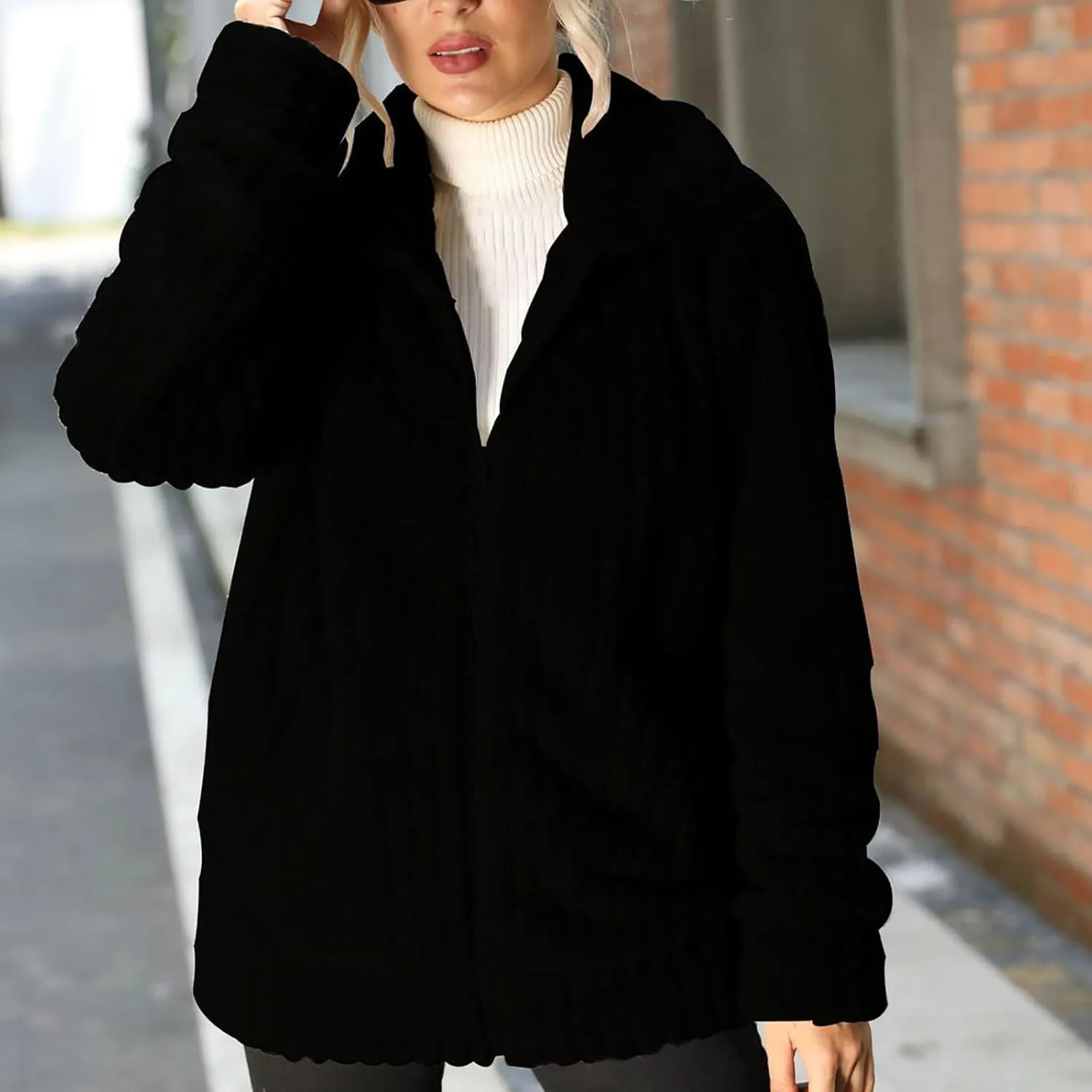 2023 Women's Fashion Winter Coat Long Sleeve Lapel Zip Up Fleece Oversized Shacket Jacket Warm Soft Fuzzy Outerwear