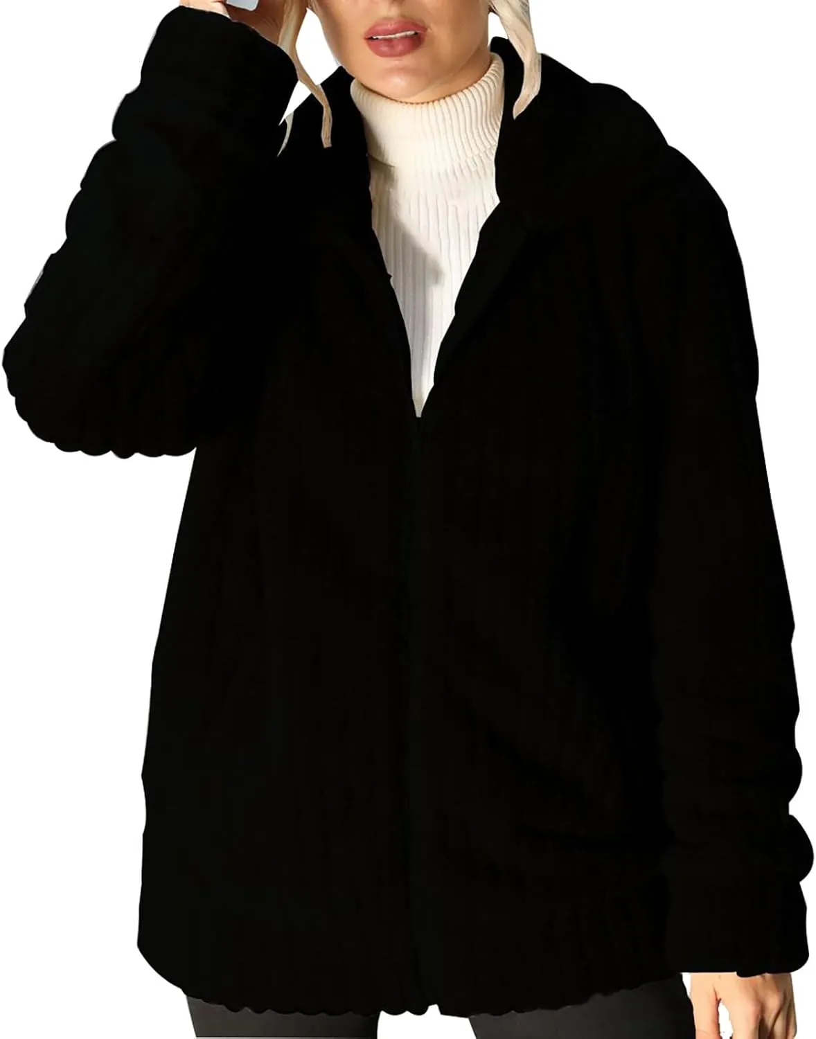 2023 Women's Fashion Winter Coat Long Sleeve Lapel Zip Up Fleece Oversized Shacket Jacket Warm Soft Fuzzy Outerwear