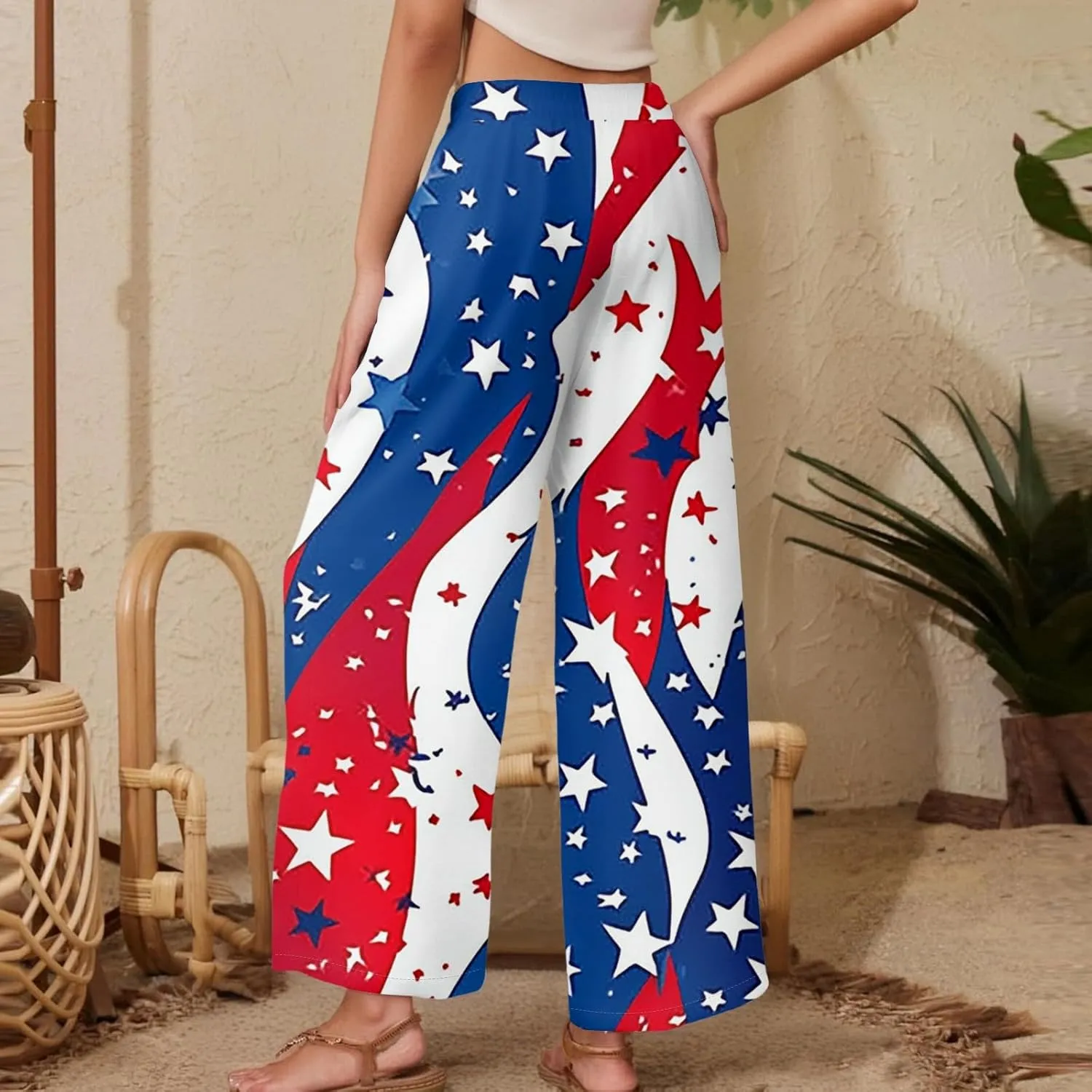 4Th of July Wide Leg Pants for Women Cotton Linen Elastic Waist Independence Day Patriotic Lounge Flowy Trousers