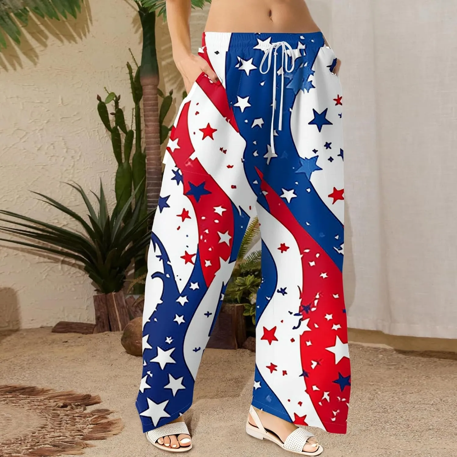 4Th of July Wide Leg Pants for Women Cotton Linen Elastic Waist Independence Day Patriotic Lounge Flowy Trousers