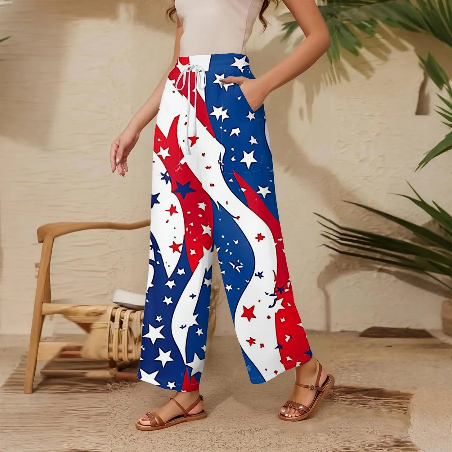 4Th of July Wide Leg Pants for Women Cotton Linen Elastic Waist Independence Day Patriotic Lounge Flowy Trousers
