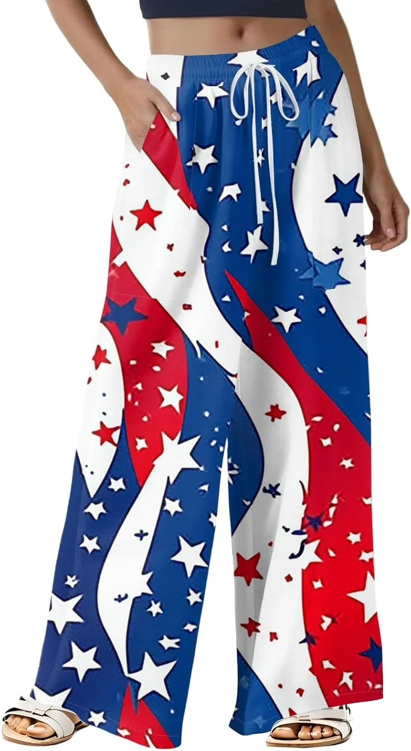 4Th of July Wide Leg Pants for Women Cotton Linen Elastic Waist Independence Day Patriotic Lounge Flowy Trousers