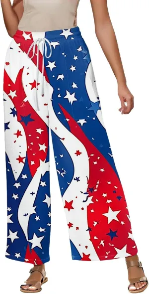 4Th of July Wide Leg Pants for Women Cotton Linen Elastic Waist Independence Day Patriotic Lounge Flowy Trousers