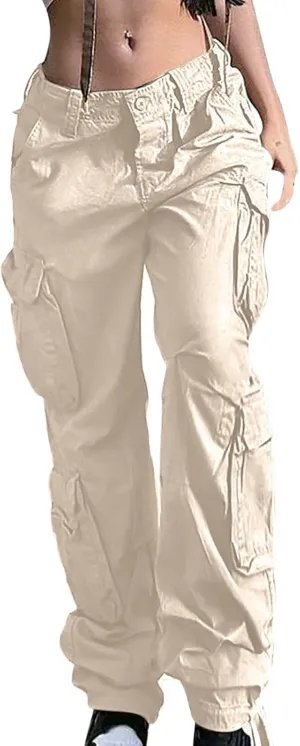 Anjikang Parachute Cargo Pants for Women Y2K Teen Girls Trendy Low Waist Wide Leg Cargos Multi Pockets Travel Hiking Trousers