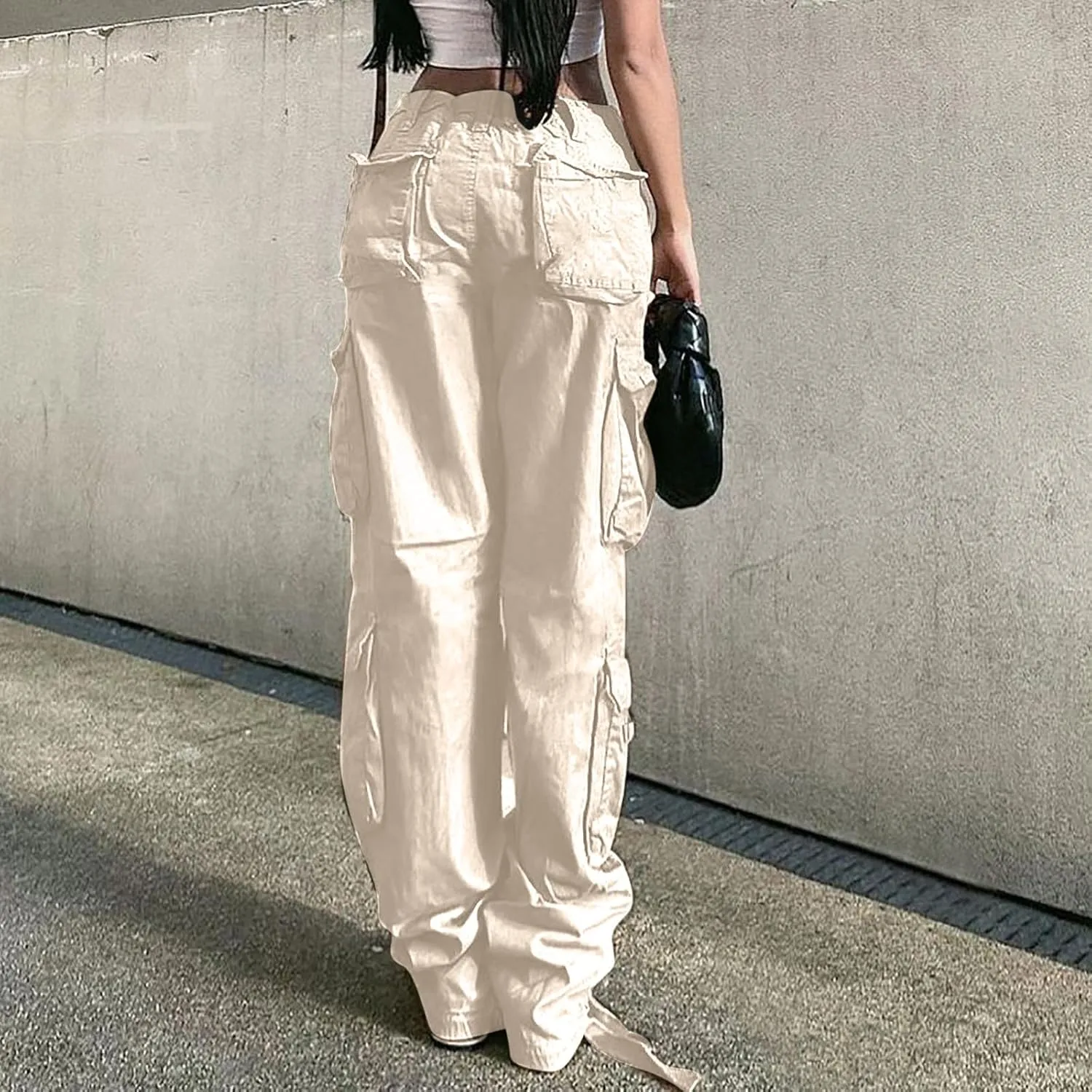 Anjikang Parachute Cargo Pants for Women Y2K Teen Girls Trendy Low Waist Wide Leg Cargos Multi Pockets Travel Hiking Trousers