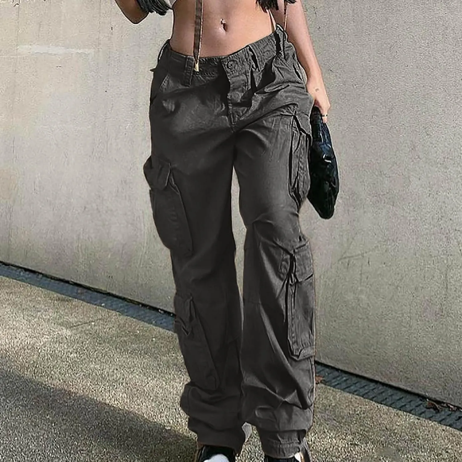 Anjikang Parachute Cargo Pants for Women Y2K Teen Girls Trendy Low Waist Wide Leg Cargos Multi Pockets Travel Hiking Trousers