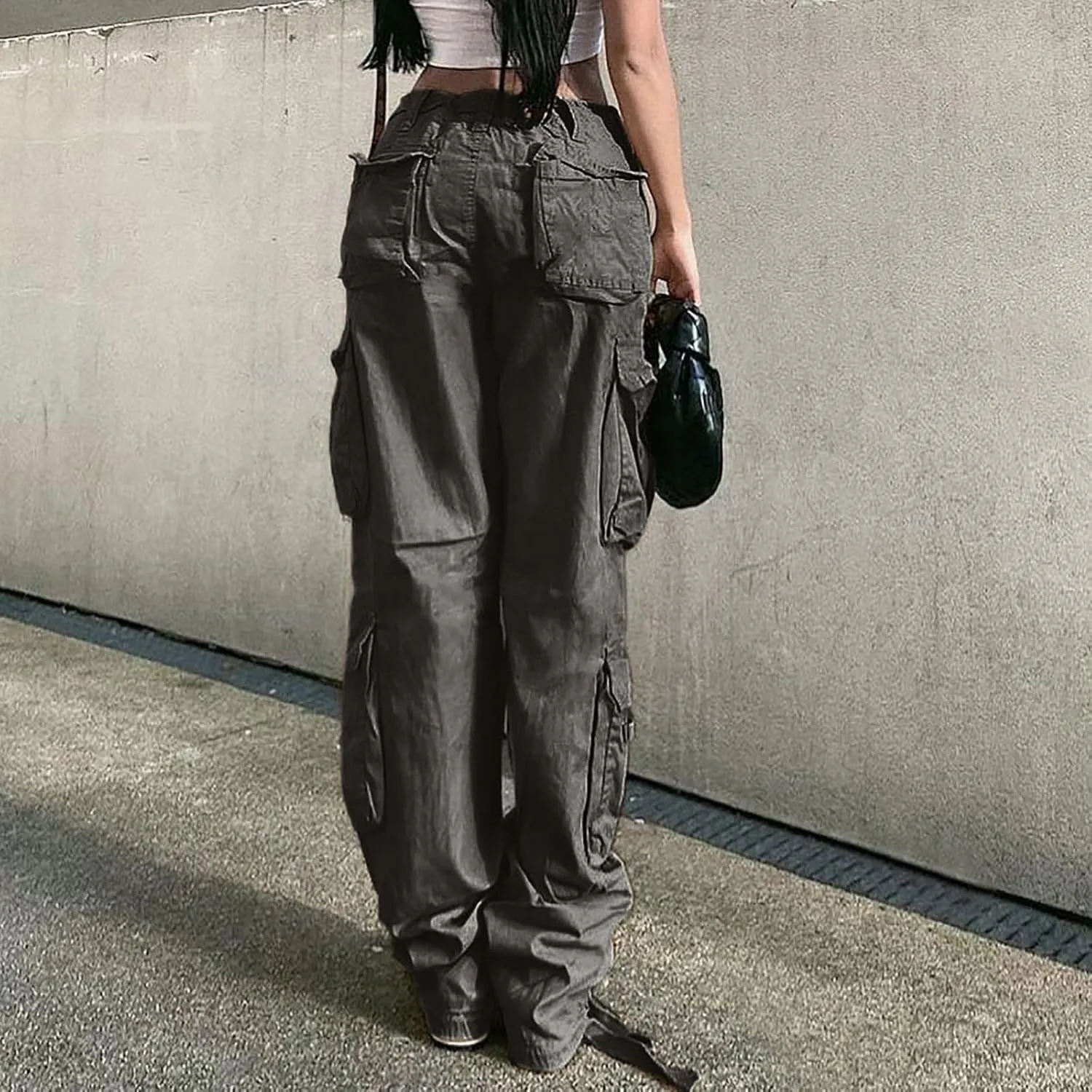 Anjikang Parachute Cargo Pants for Women Y2K Teen Girls Trendy Low Waist Wide Leg Cargos Multi Pockets Travel Hiking Trousers