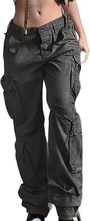Anjikang Parachute Cargo Pants for Women Y2K Teen Girls Trendy Low Waist Wide Leg Cargos Multi Pockets Travel Hiking Trousers