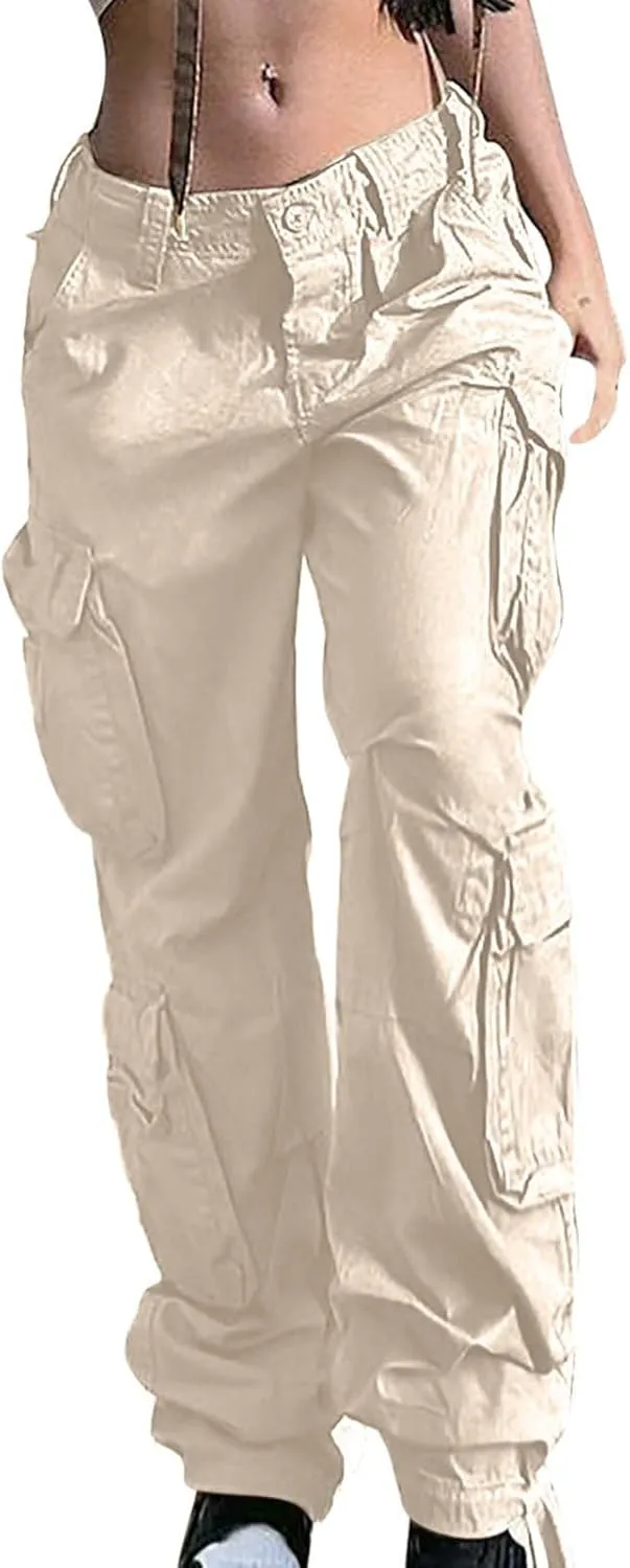 Anjikang Parachute Cargo Pants for Women Y2K Teen Girls Trendy Low Waist Wide Leg Cargos Multi Pockets Travel Hiking Trousers