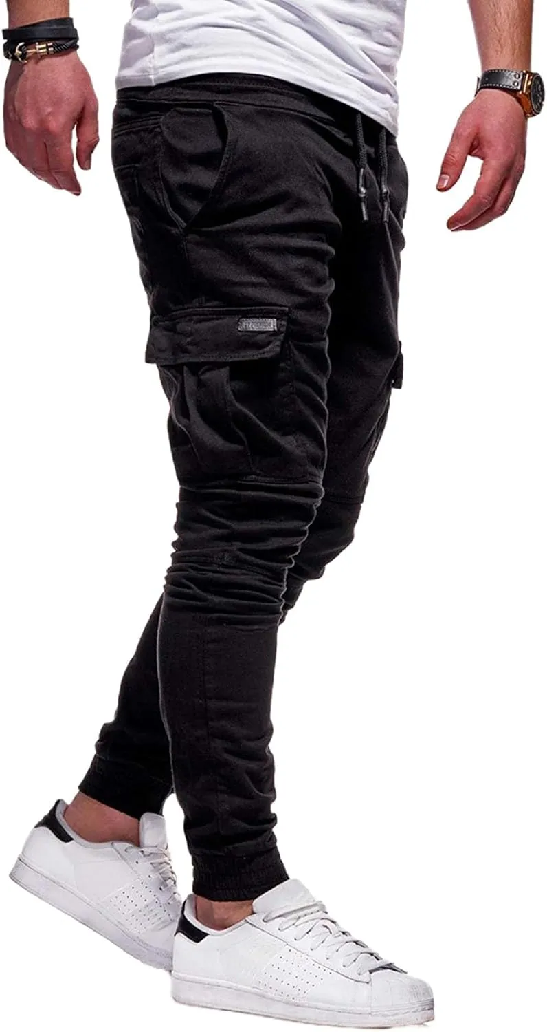 Athletic Joggers Pants for Men Elastic Drawstring Pencil Pants Outdoor Slim Fit Running Trousers with Patch Pockets