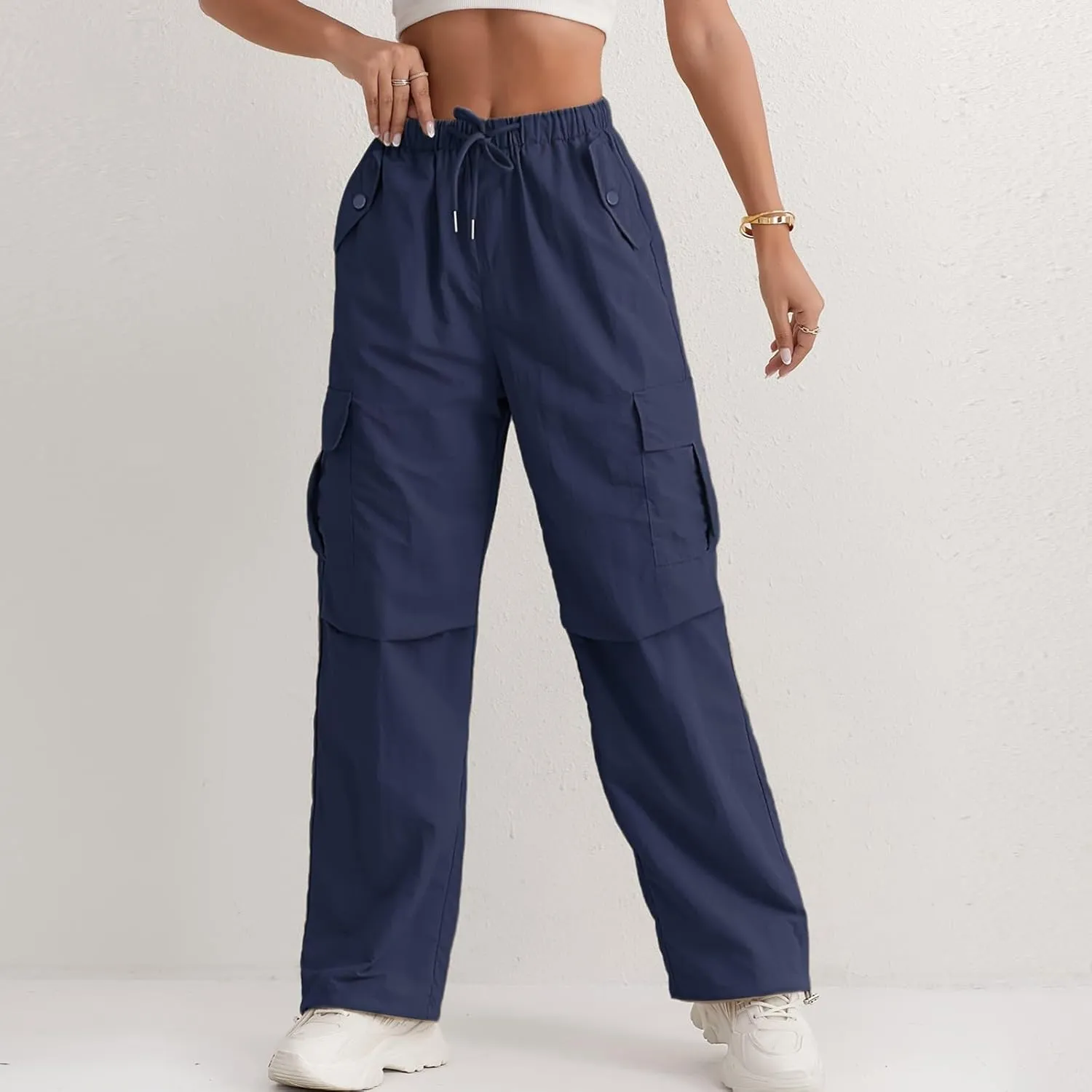 Baggy Cargo Pants Women Drawstring Elastic Waist Water Resistant Hiking Pants Lightweight Travel Pants with Pockets