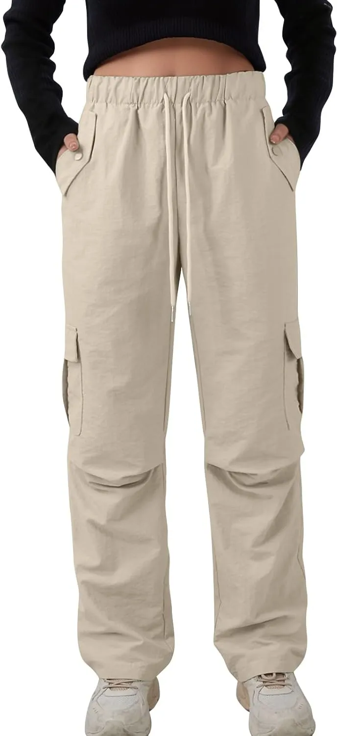 Baggy Cargo Pants Women Drawstring Elastic Waist Water Resistant Hiking Pants Lightweight Travel Pants with Pockets
