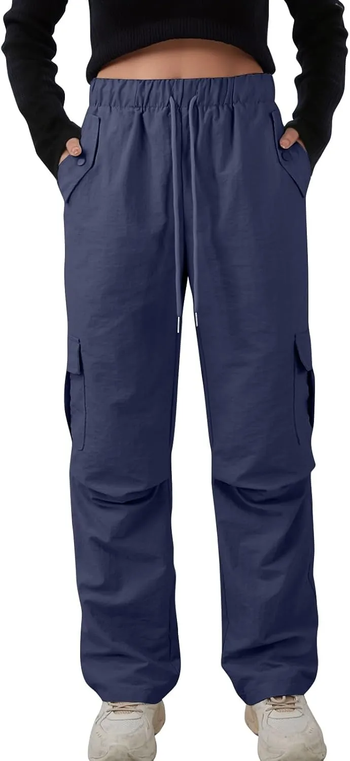 Baggy Cargo Pants Women Drawstring Elastic Waist Water Resistant Hiking Pants Lightweight Travel Pants with Pockets