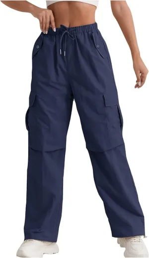 Baggy Cargo Pants Women Drawstring Elastic Waist Water Resistant Hiking Pants Lightweight Travel Pants with Pockets