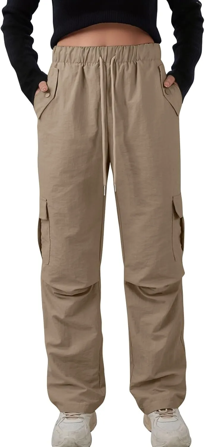 Baggy Cargo Pants Women Drawstring Elastic Waist Water Resistant Hiking Pants Lightweight Travel Pants with Pockets