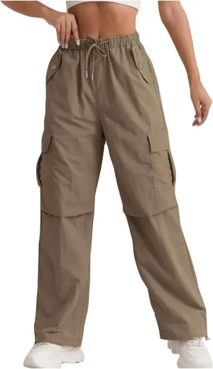 Baggy Cargo Pants Women Drawstring Elastic Waist Water Resistant Hiking Pants Lightweight Travel Pants with Pockets