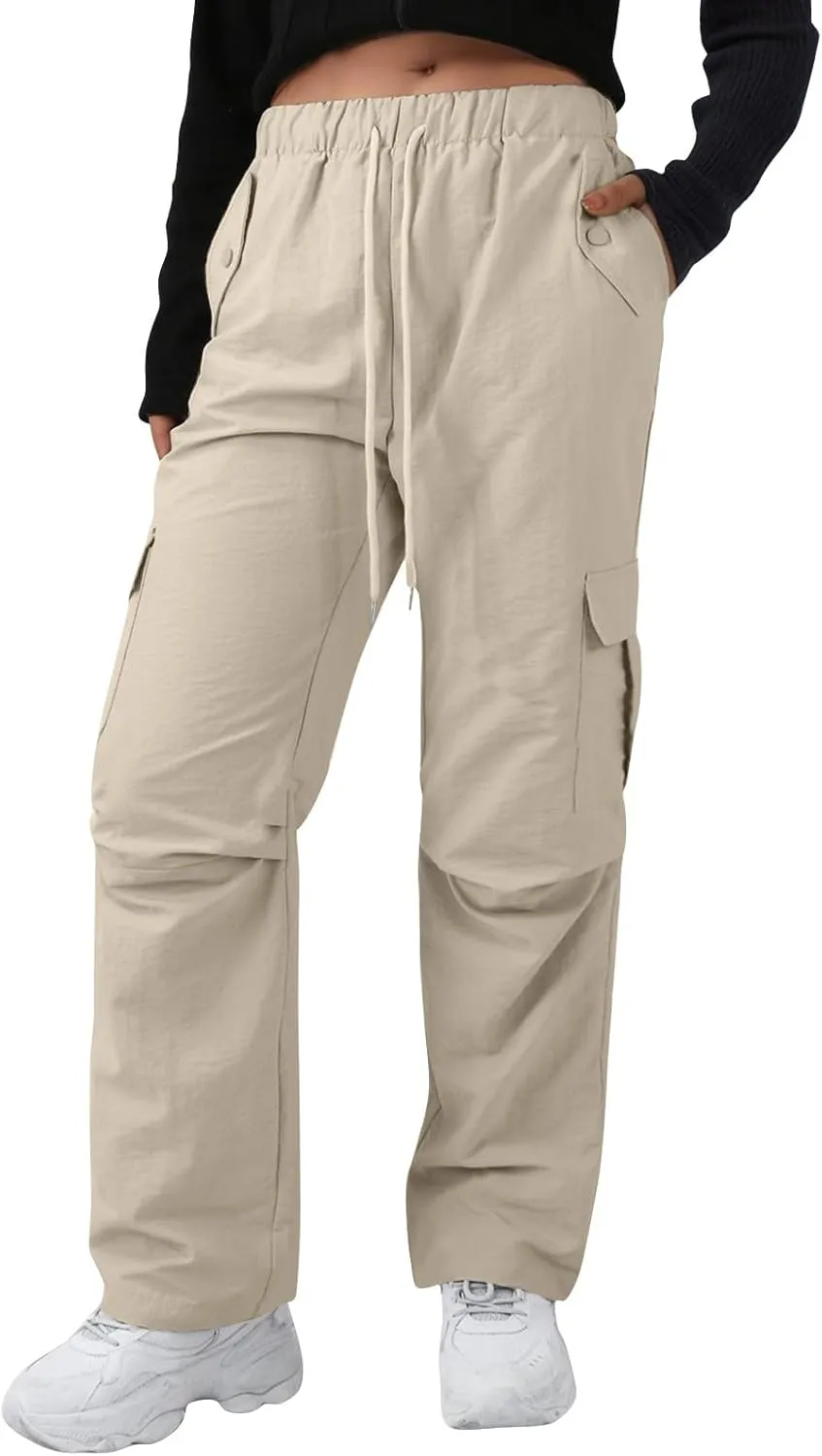 Baggy Cargo Pants Women Drawstring Elastic Waist Water Resistant Hiking Pants Lightweight Travel Pants with Pockets