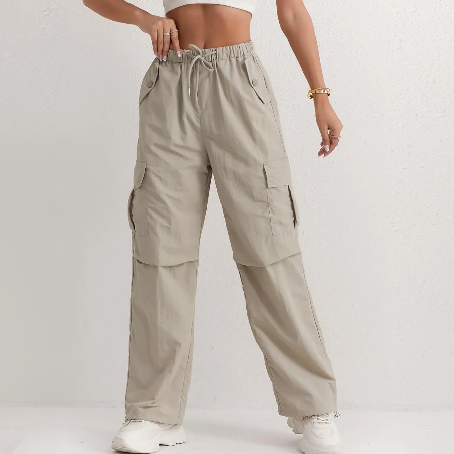 Baggy Cargo Pants Women Drawstring Elastic Waist Water Resistant Hiking Pants Lightweight Travel Pants with Pockets