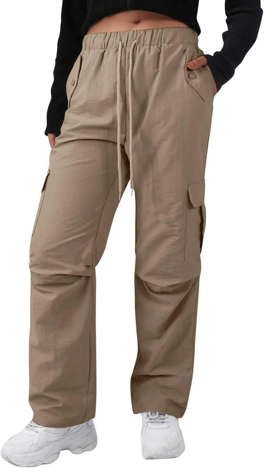 Baggy Cargo Pants Women Drawstring Elastic Waist Water Resistant Hiking Pants Lightweight Travel Pants with Pockets