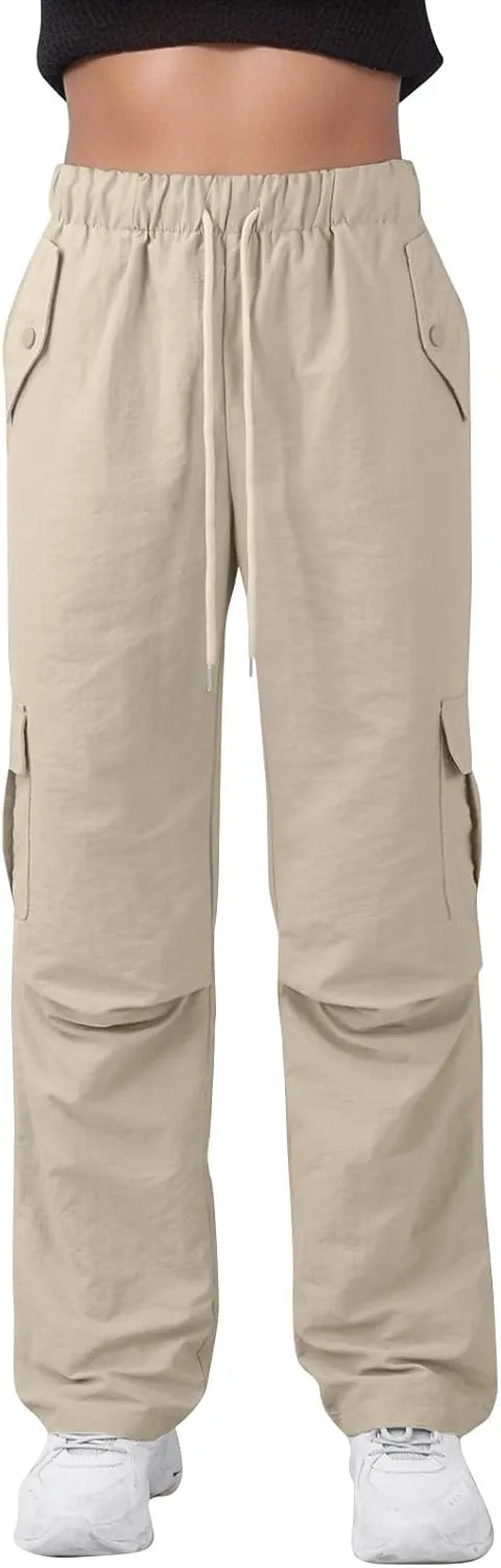 Baggy Cargo Pants Women Drawstring Elastic Waist Water Resistant Hiking Pants Lightweight Travel Pants with Pockets