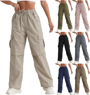 Baggy Cargo Pants Women Drawstring Elastic Waist Water Resistant Hiking Pants Lightweight Travel Pants with Pockets