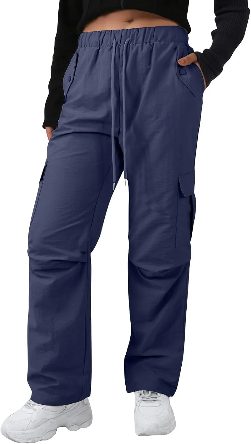 Baggy Cargo Pants Women Drawstring Elastic Waist Water Resistant Hiking Pants Lightweight Travel Pants with Pockets