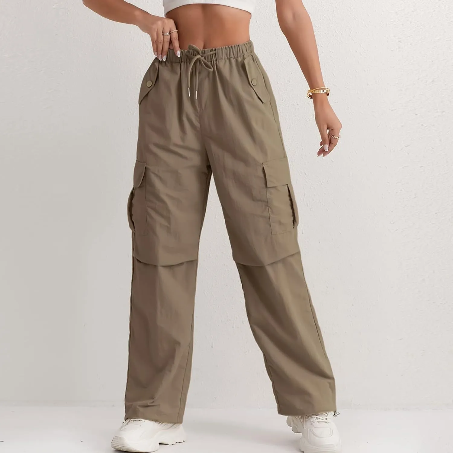 Baggy Cargo Pants Women Drawstring Elastic Waist Water Resistant Hiking Pants Lightweight Travel Pants with Pockets