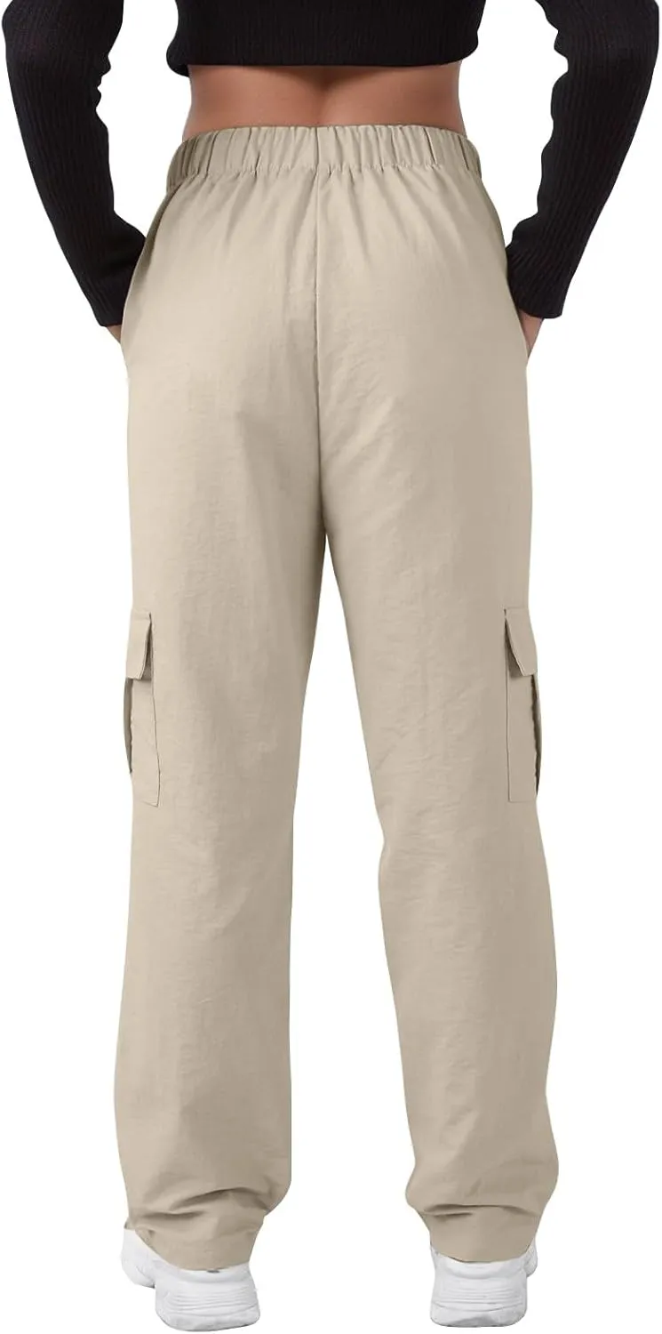 Baggy Cargo Pants Women Drawstring Elastic Waist Water Resistant Hiking Pants Lightweight Travel Pants with Pockets