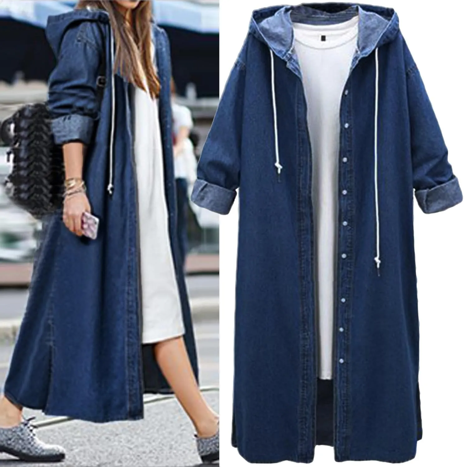 Belted Slim Outerwear Coat Long Overcoat Outwear Denim Long Casual Sleeve Women'S Blouse Windproof Classic Outerwear
