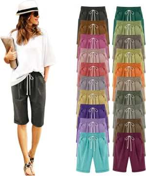 Bermuda Shorts for Women Knee Length Plus Size Elastic Waist Drawstring Longer Short Summer Comfy Beach Outfits 2025