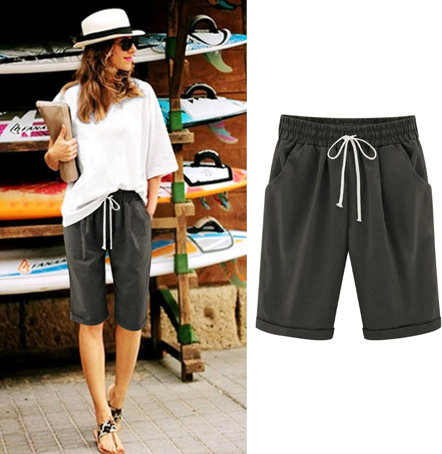 Bermuda Shorts for Women Knee Length Plus Size Elastic Waist Drawstring Longer Short Summer Comfy Beach Outfits 2025