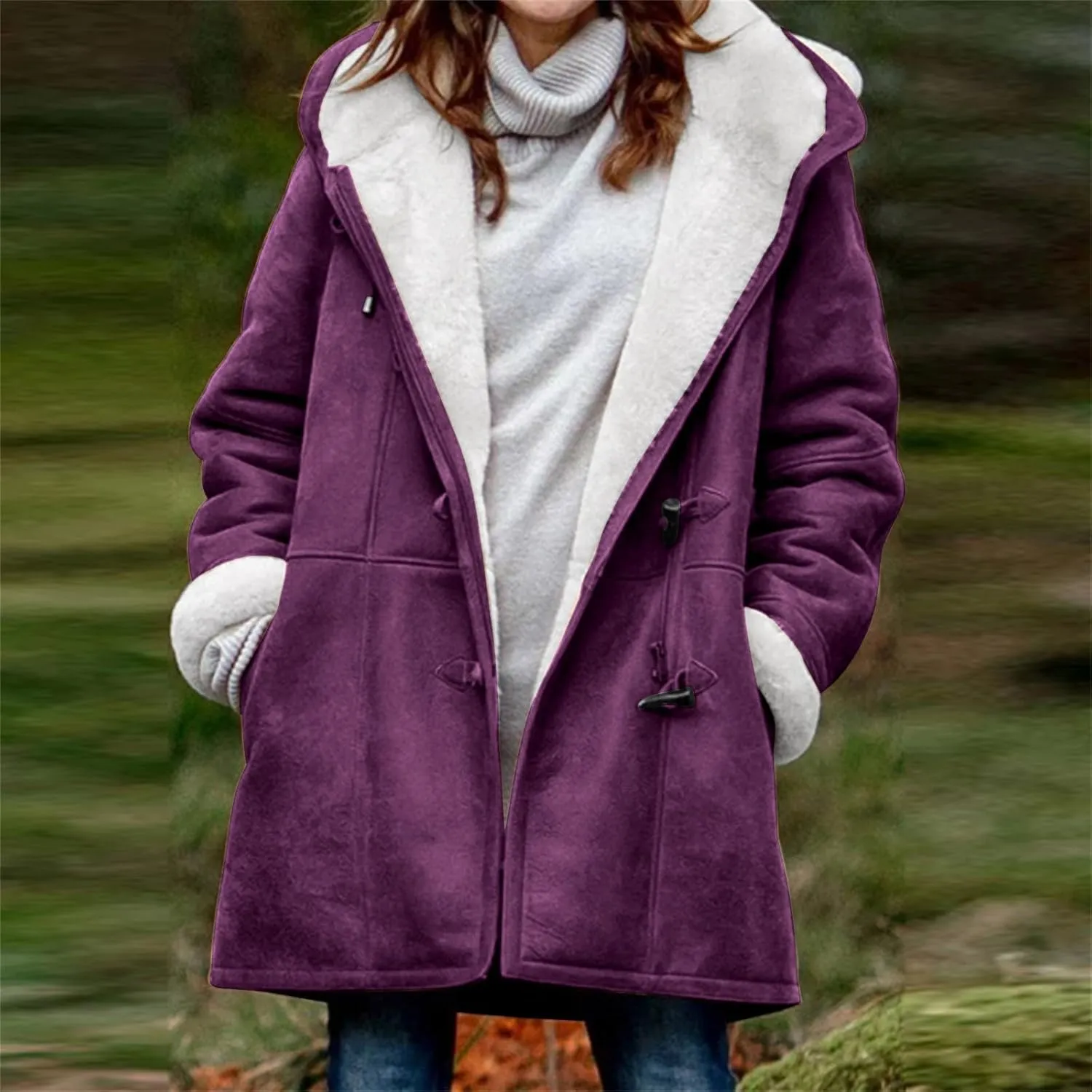 Binmer Women's Winter Warm Sherpa Lined Jackets Soft Fuzzy Fleece Long Hoodie Sweatshirt Horn Button Coats for Cold Weather