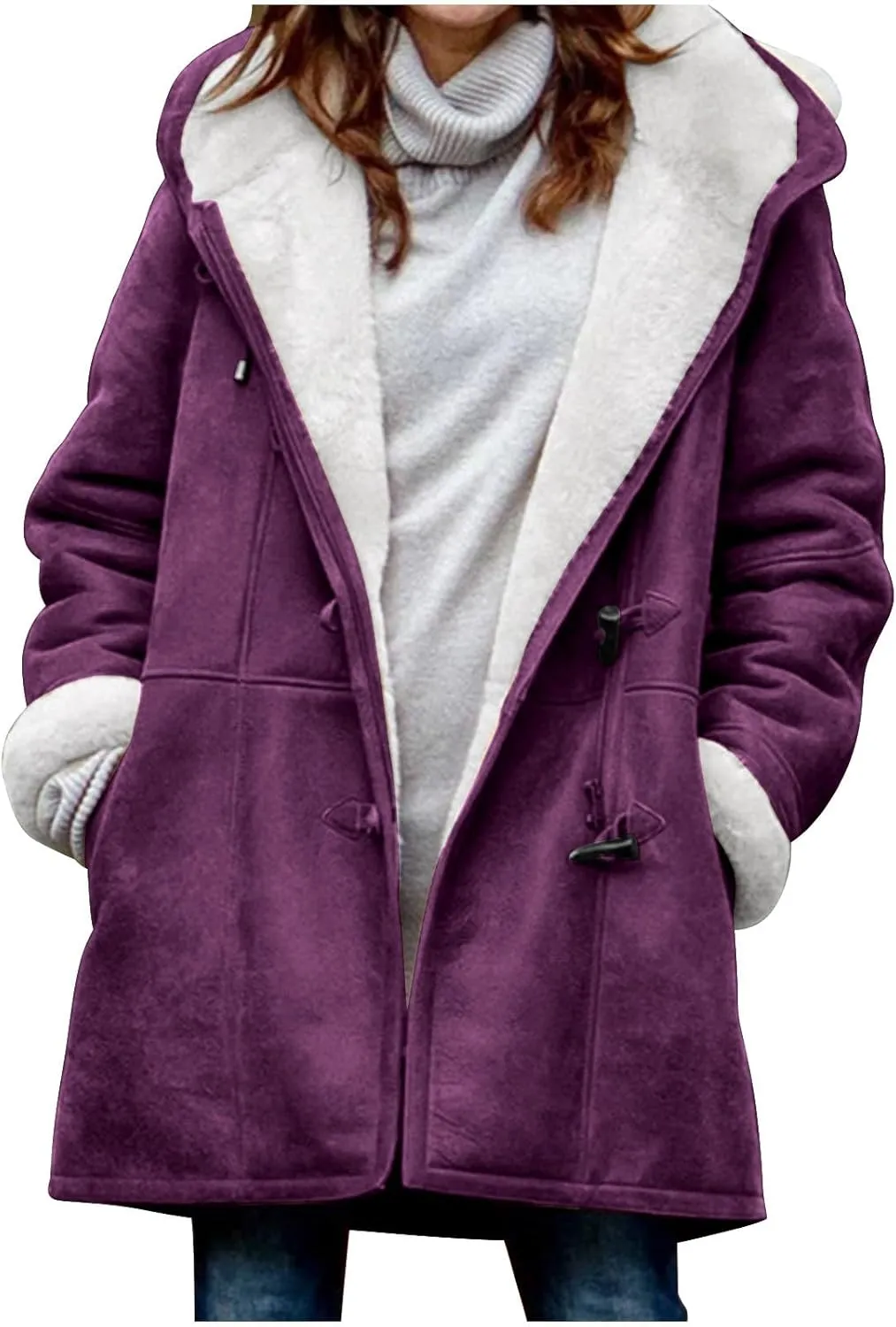 Binmer Women's Winter Warm Sherpa Lined Jackets Soft Fuzzy Fleece Long Hoodie Sweatshirt Horn Button Coats for Cold Weather