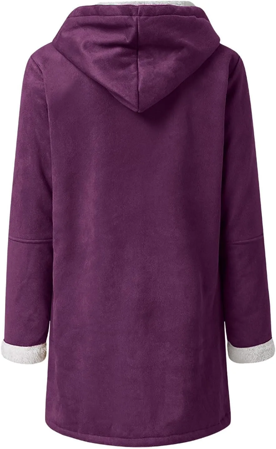 Binmer Women's Winter Warm Sherpa Lined Jackets Soft Fuzzy Fleece Long Hoodie Sweatshirt Horn Button Coats for Cold Weather