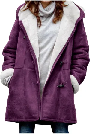 Binmer Women's Winter Warm Sherpa Lined Jackets Soft Fuzzy Fleece Long Hoodie Sweatshirt Horn Button Coats for Cold Weather