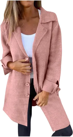 Binmer Women's Winter Wool Coat Casual Notch Lapel Single-Breasted Peacoat Elegant Dressy Mid Length Trench Jacket Overcoat