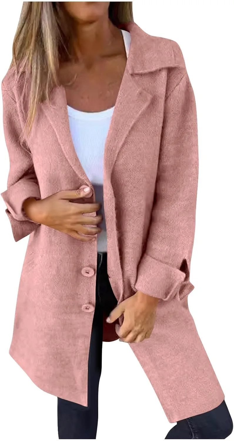 Binmer Women's Winter Wool Coat Casual Notch Lapel Single-Breasted Peacoat Elegant Dressy Mid Length Trench Jacket Overcoat