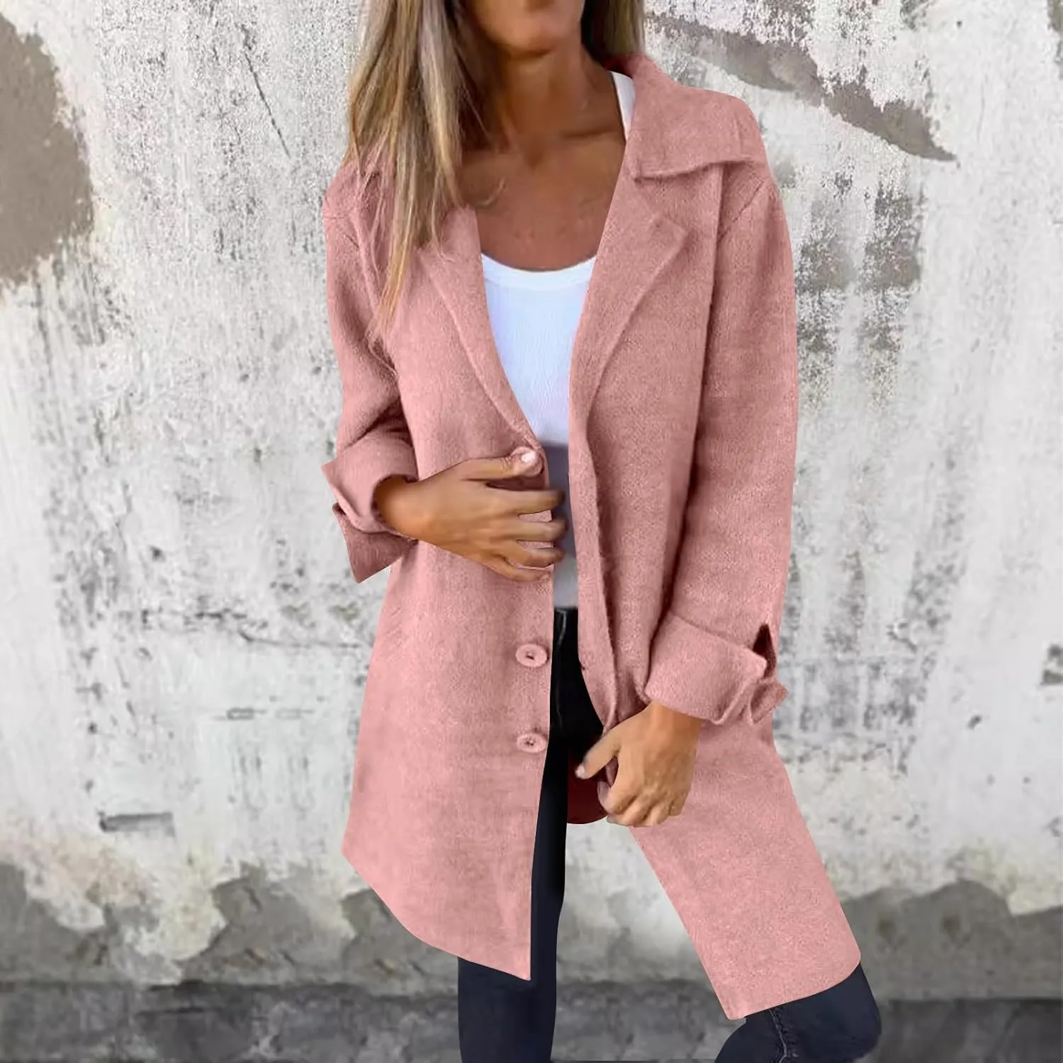 Binmer Women's Winter Wool Coat Casual Notch Lapel Single-Breasted Peacoat Elegant Dressy Mid Length Trench Jacket Overcoat