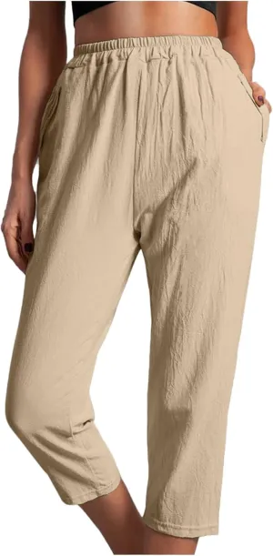 Capri Pants for Women Casual Solid Color Straight Leg Trouser with Pockets Elastic Waist Comfy Lightweight Pants