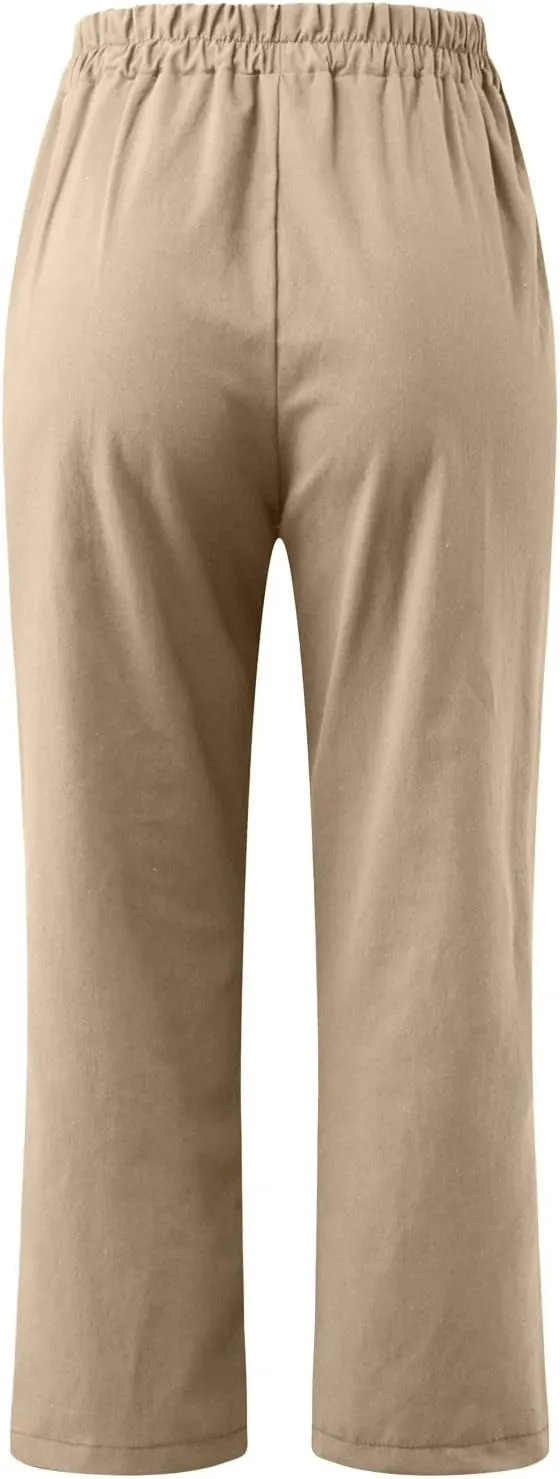 Capri Pants for Women Casual Solid Color Straight Leg Trouser with Pockets Elastic Waist Comfy Lightweight Pants