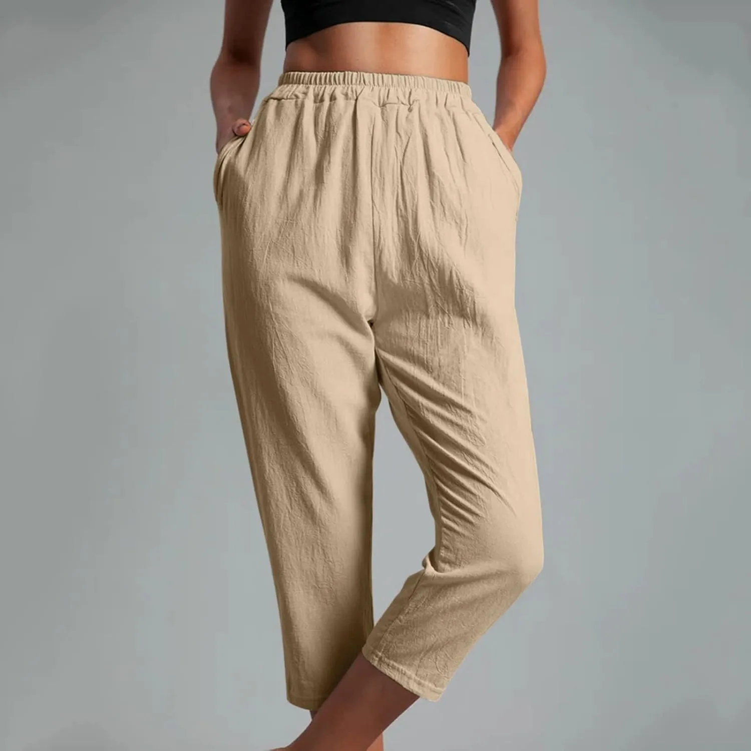 Capri Pants for Women Casual Solid Color Straight Leg Trouser with Pockets Elastic Waist Comfy Lightweight Pants