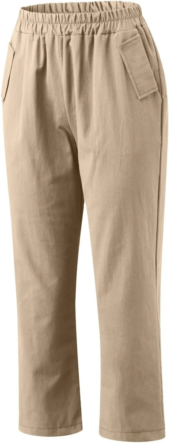 Capri Pants for Women Casual Solid Color Straight Leg Trouser with Pockets Elastic Waist Comfy Lightweight Pants