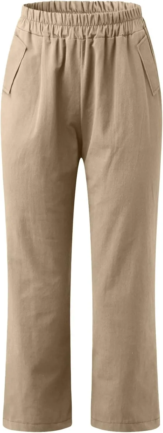 Capri Pants for Women Casual Solid Color Straight Leg Trouser with Pockets Elastic Waist Comfy Lightweight Pants