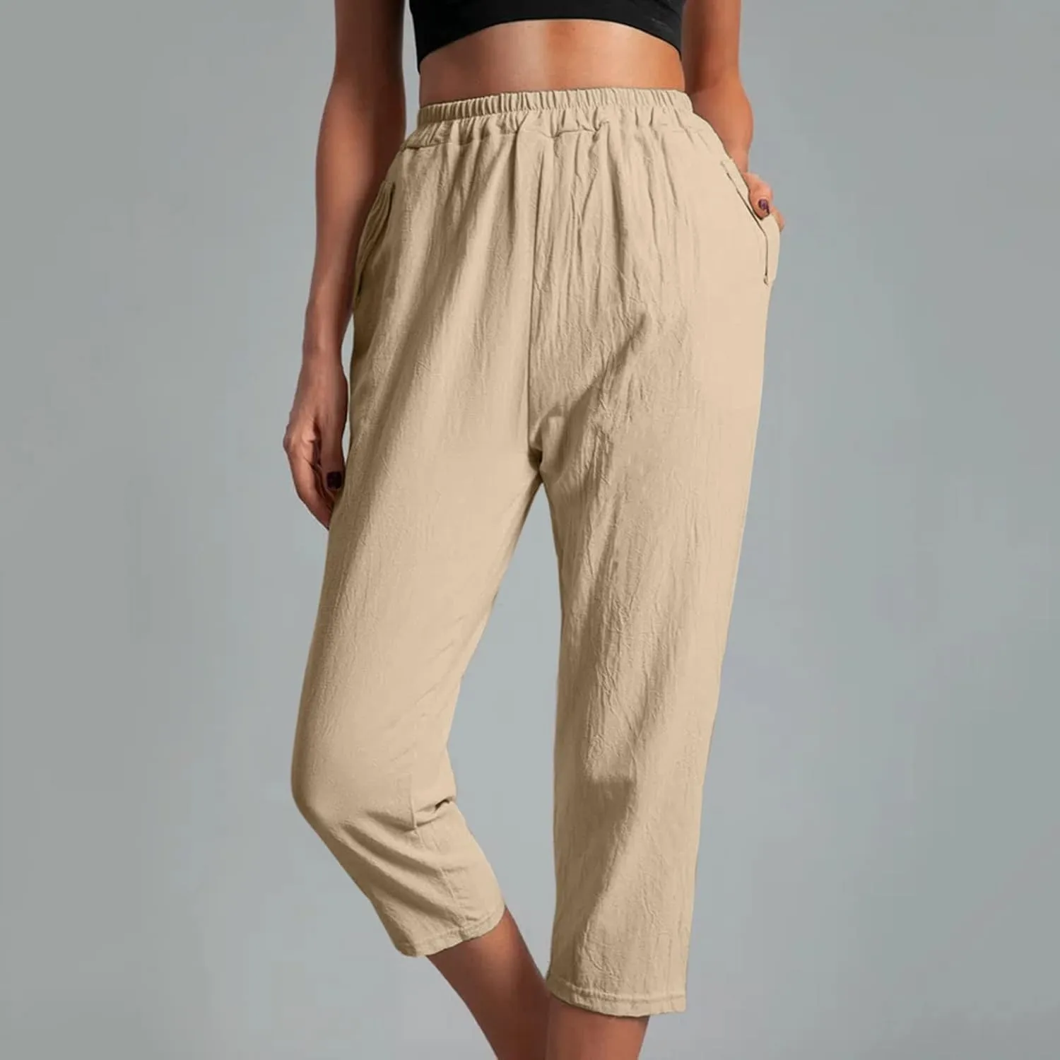 Capri Pants for Women Casual Solid Color Straight Leg Trouser with Pockets Elastic Waist Comfy Lightweight Pants