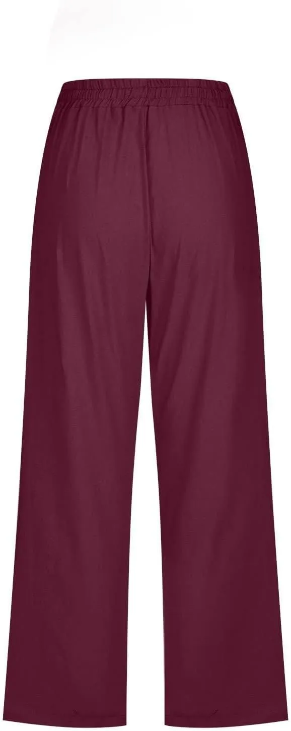 Capris Pants for Women Cotton Linen Casual Summer Straight Wide Leg Loose Drawstring Elastic Waist Cropped Trouser