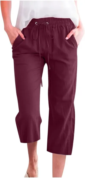 Capris Pants for Women Cotton Linen Casual Summer Straight Wide Leg Loose Drawstring Elastic Waist Cropped Trouser