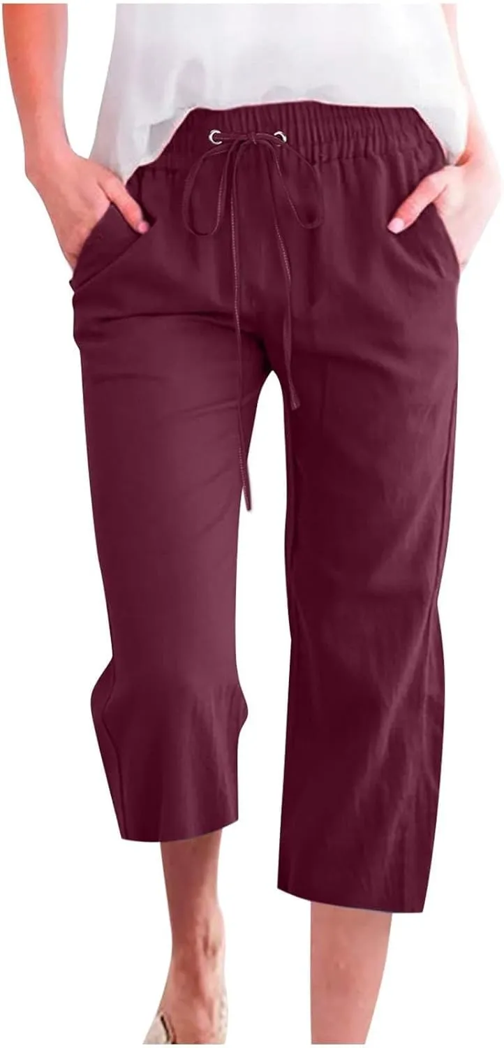 Capris Pants for Women Cotton Linen Casual Summer Straight Wide Leg Loose Drawstring Elastic Waist Cropped Trouser