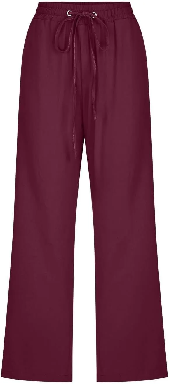 Capris Pants for Women Cotton Linen Casual Summer Straight Wide Leg Loose Drawstring Elastic Waist Cropped Trouser