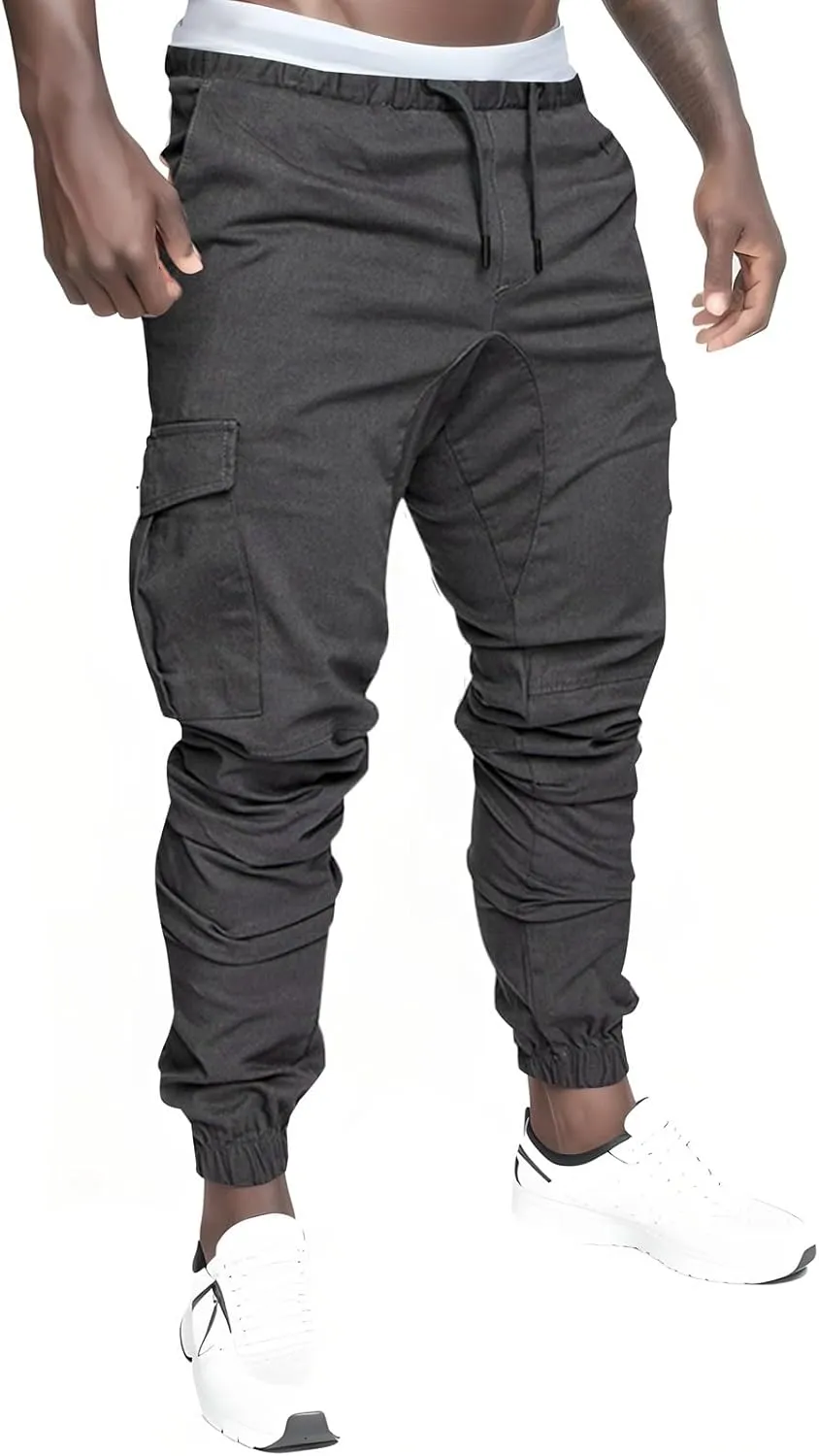 Cargo Joggers Men Casual Slim Fit Chino Trousers with Pockets Fashion Drawstring Cotton Sweatpants