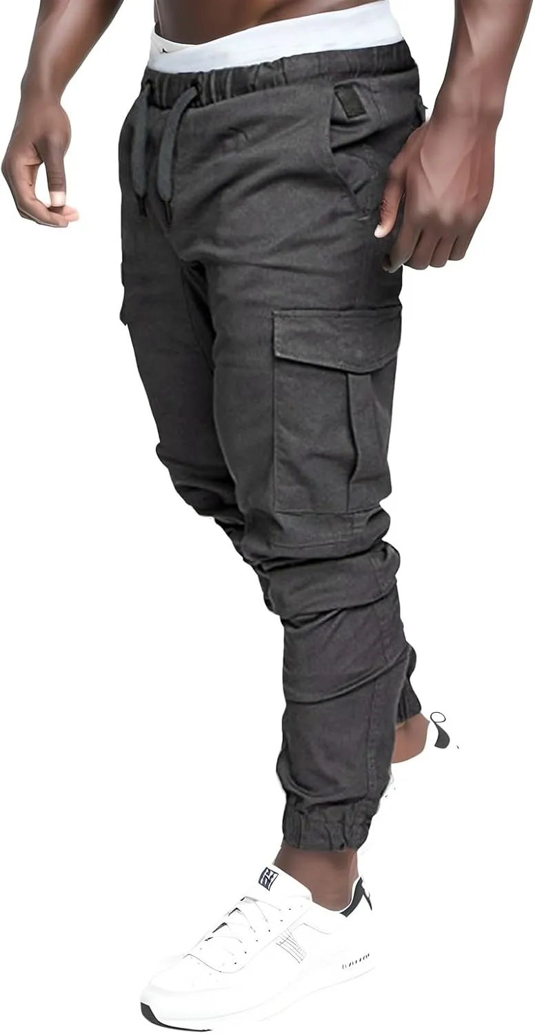 Cargo Joggers Men Casual Slim Fit Chino Trousers with Pockets Fashion Drawstring Cotton Sweatpants
